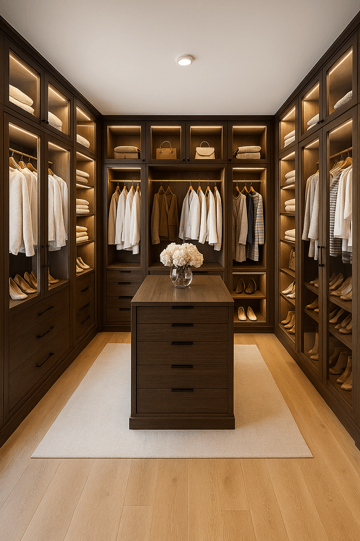 Dressing en U sur mesure avec vitrines