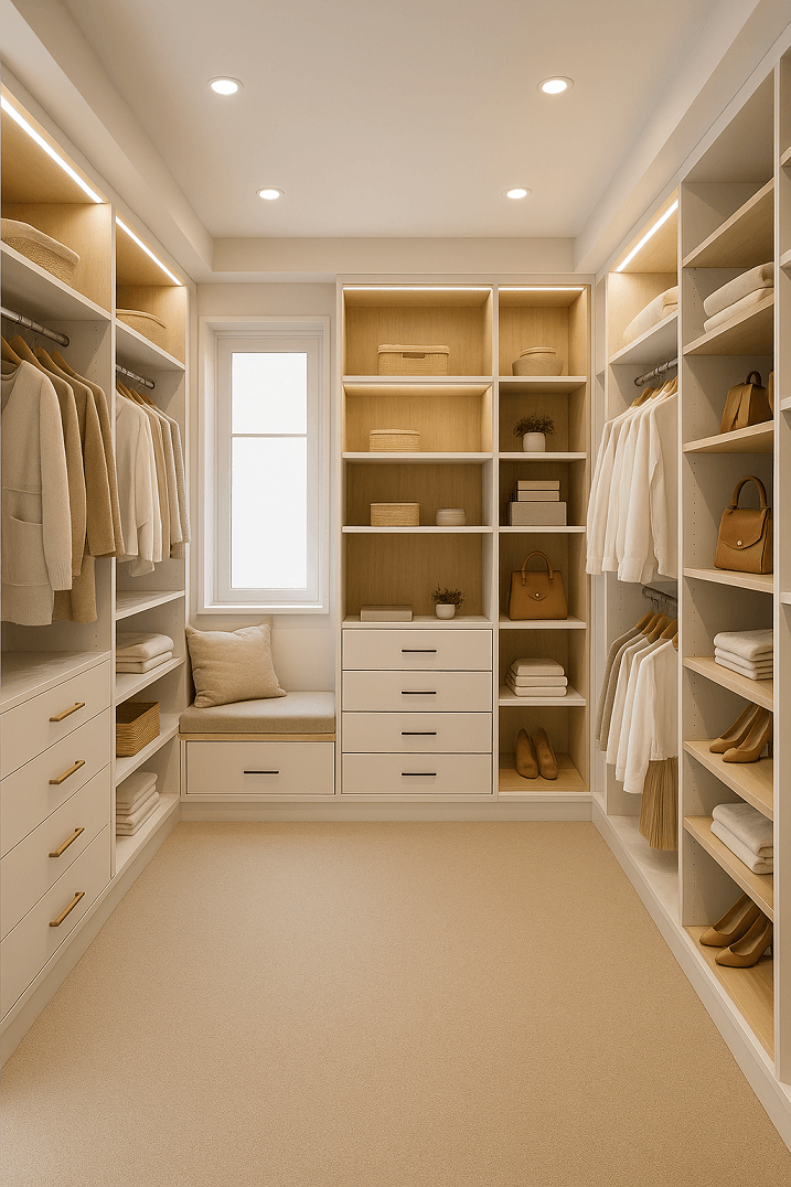Dressing en U sur mesure blanc et bois avec banc intégré