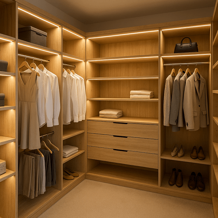 Dressing sur mesure en U bois clair avec éclairage LED
