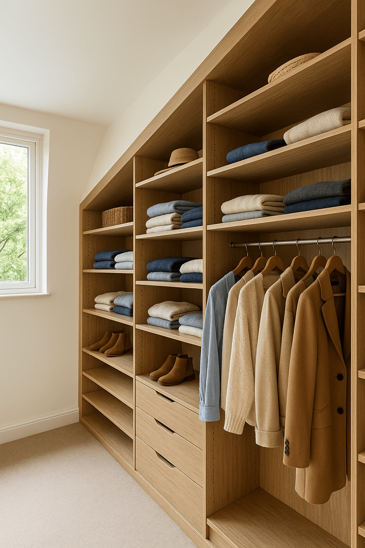 Dressing sous pente ouvert avec étagères horizontales