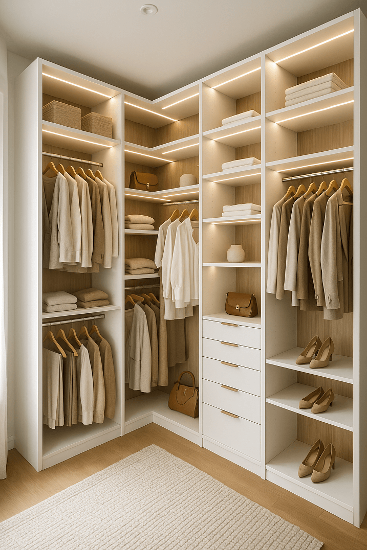 Dressing sur mesure blanc et bois avec LED