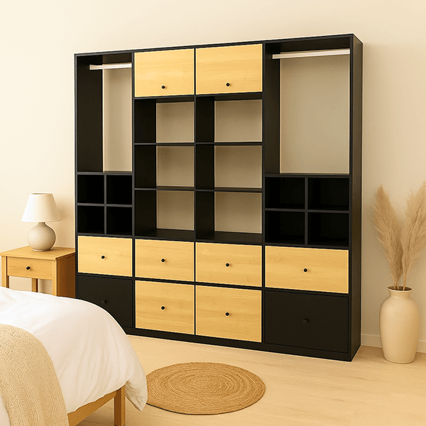 Dressing ouvert sur mesure bois clair et métal noir style industriel