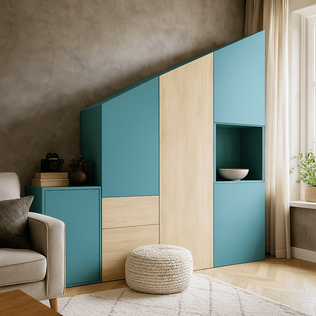 Dressing sous pente blanc et bois, rangements sur mesure pour combles