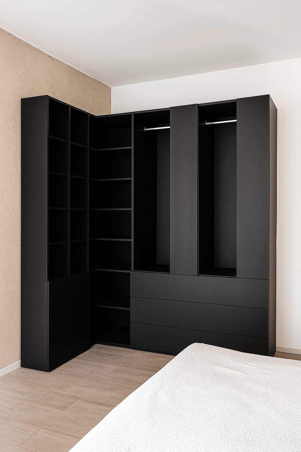 Dressing en angle contemporain noir mat avec poignées dorées