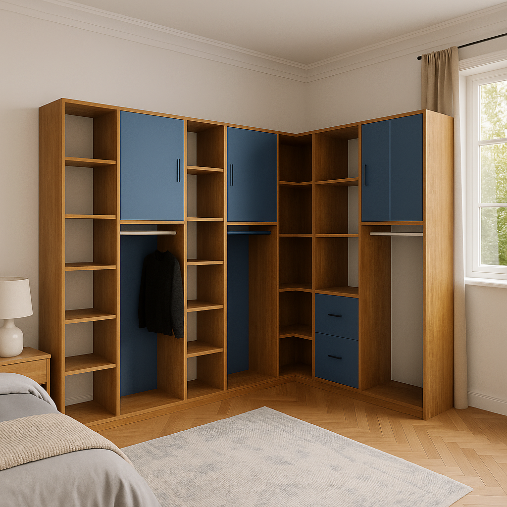 Dressing en angle bois clair avec étagères ouvertes et penderie intégrée