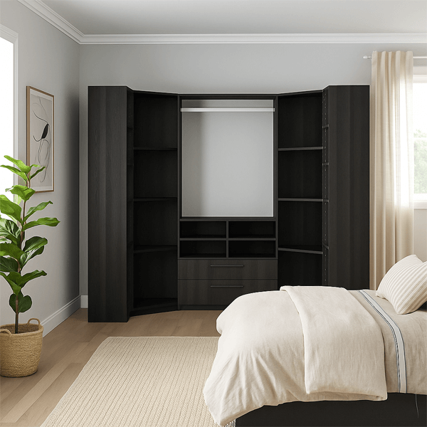 Dressing d’angle sur mesure en bois clair et façade blanche