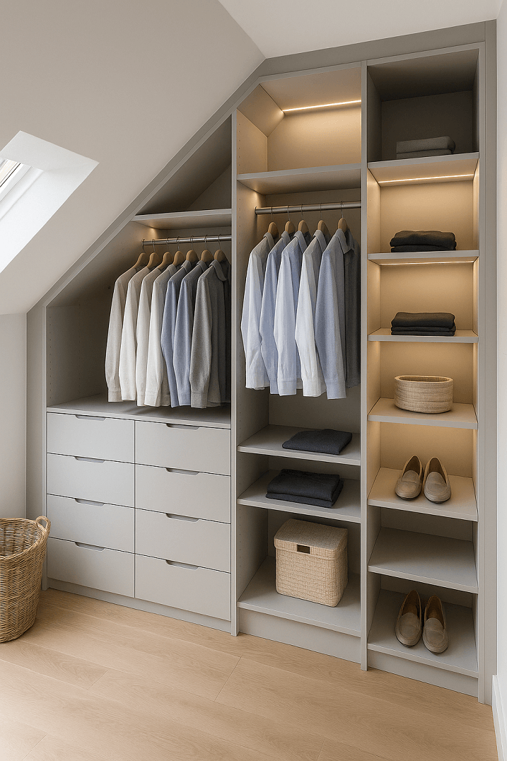 Dressing sous pente design avec éclairage d’ambiance et finition mate