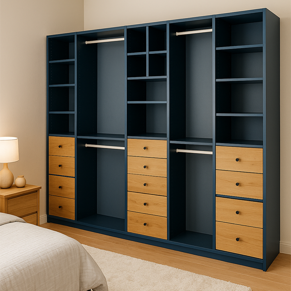 Dressing ouvert sur mesure effet chêne clair avec rangements modulables