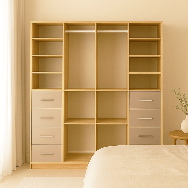 Dressing ouvert sur mesure blanc mat avec penderies et étagères alignées