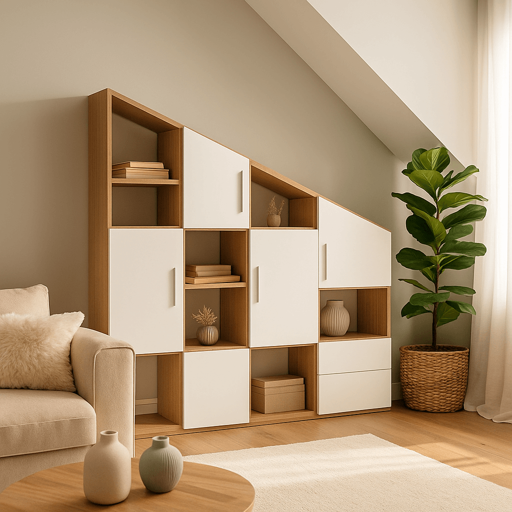 Dressing sous pente en chêne clair avec penderie et étagères intégrées