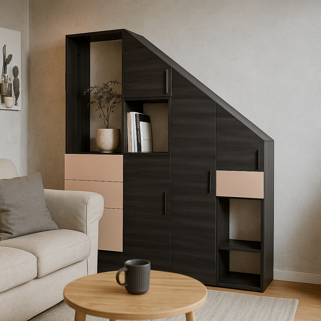 Dressing sous pente moderne avec portes battantes blanches et rangement tiroirs