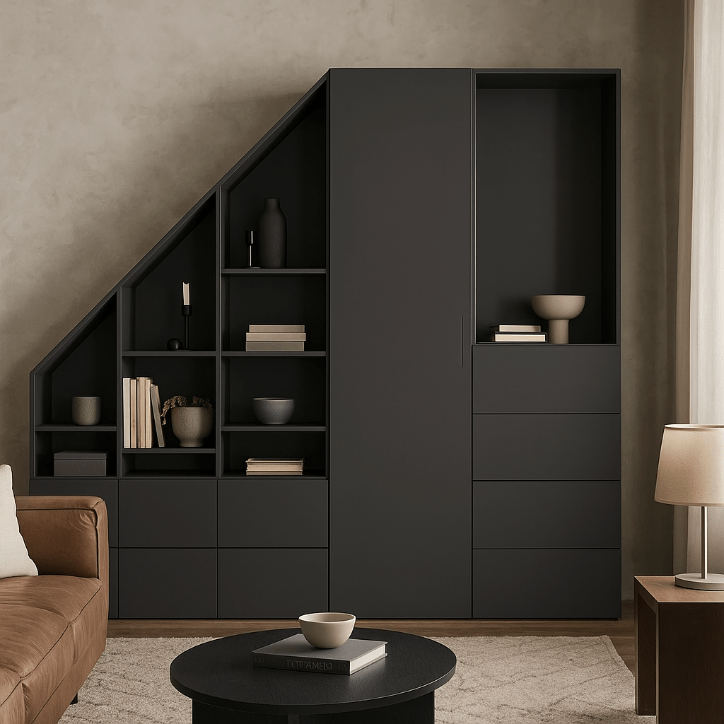 Dressing sous pente blanc mat avec niches ouvertes et tiroirs intégrés