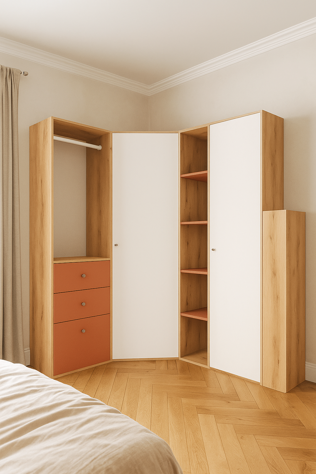 Dressing d’angle avec double penderie et rangements hauts