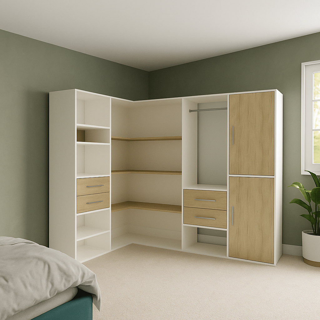 Dressing d’angle sur mesure en bois clair et façade blanche