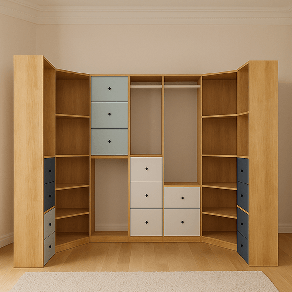 Dressing en angle bois clair avec étagères ouvertes et penderie intégrée
